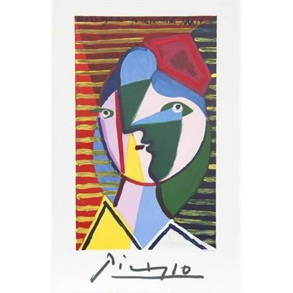 Visage de Femme sur Fond Raye - Green-Blue-Red - Lithograph on Paper 29 In. x 22 In.
