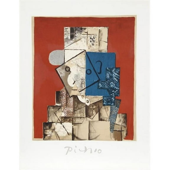 Visage sur Fond Rouge - Red-Blue-Beige-Black - Lithograph on Paper 29 In. x 22 In.