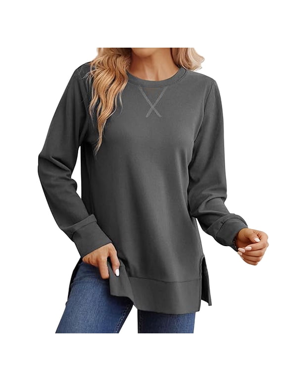 Crew Neck Side Split Sweatshirt for Women Long Sleeve Pullover Shirts Casual Loose Side Slits Tunic Top Baggy T-Shirt Plus Size T-Shirt Yoga Jacket Pullover T-Shirt Grey M