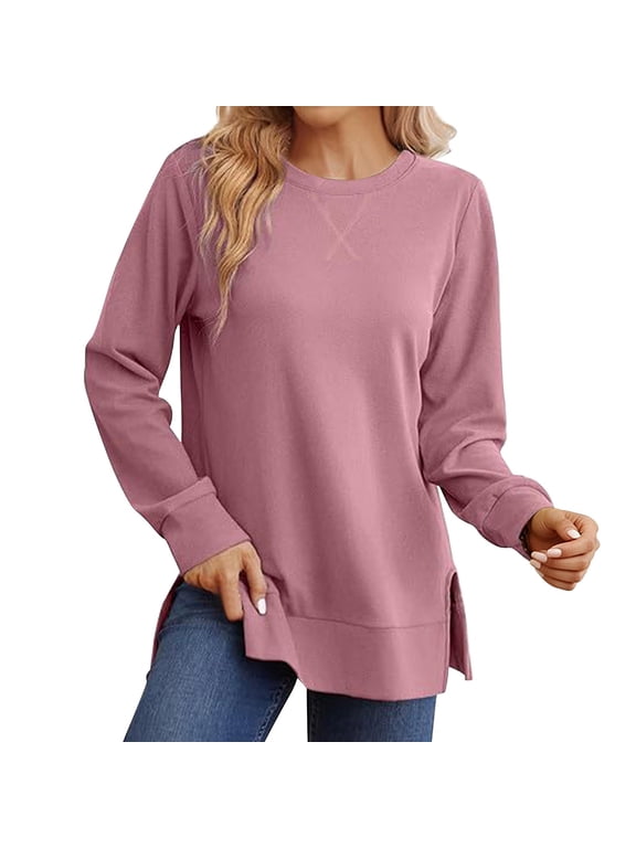 Crew Neck Side Split Sweatshirt for Women Long Sleeve Pullover Shirts Casual Loose Side Slits Tunic Top Basic Lightweight T-Shirt Lounge Jacket Jackets Sweat Shirts Pink L