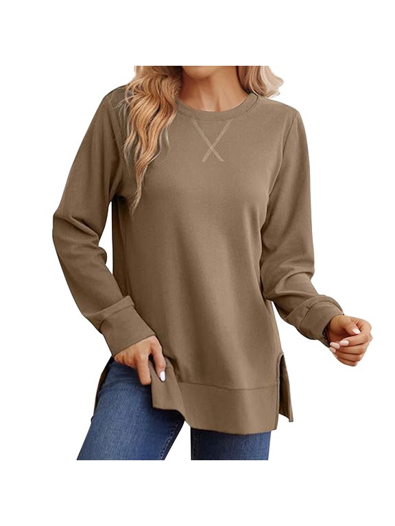 Crew Neck Side Split Sweatshirt for Women Long Sleeve Pullover Shirts Casual Loose Side Slits Tunic Top Boho Loose Top Travel Lightweight T-Shirt Lounge Jacket Khaki M