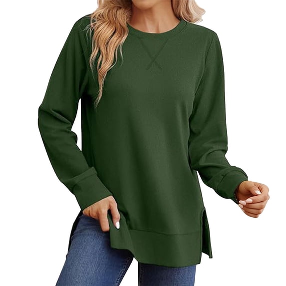 Visaly Crew Neck Side Split Sweatshirt for Women Long Sleeve Pullover Shirts Casual Loose Side Slits Tunic Top Comfy Sweatshirts Plus Sized Pullover Shirts Soft Sweatshirt Green 4Xl
