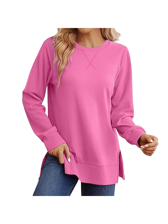 Crew Neck Side Split Sweatshirt for Women Long Sleeve Pullover Shirts Casual Loose Side Slits Tunic Top Office Casual Pullover Basic Lightweight T-Shirt Gym T-Shirt Hot Pink L