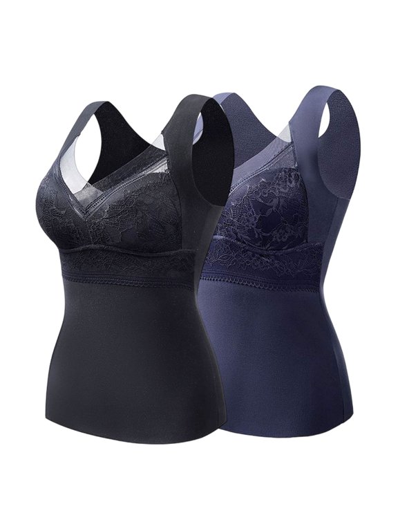 Lace Thermal Tank Tops with Built In Bra 2Pc Basic Undershirts Fleece Wirefree Padded Cami Underwear Shapewear Top Built-In Bra Undershirt Velvet Thermal Underwear Top Black Xxl