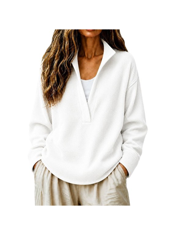 Plus Sized Mock Neck Waffle Knit Sweatshirts Stand Collar Henley Pullover Shirts Long Sleeve Deep V Neck Fleece Top Basic Lightweight T-Shirt Travel Lightweight T-Shirt Tunic Tops White S
