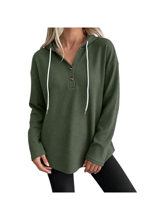 Women's Waffle Knit Hoodie Long Sleeve Henley Button Drawstring Hooded Pullover Casual Loose Fit Basic Tunic Sweatshirts Hooded Jacket Gym Hoodie Fashion Sweatshirts Soft Sweatshirt Green Xxl