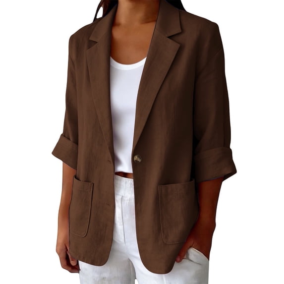 Visaly Womens Linen Blazer Jacket Lightweight Notched Lapel 3/4 Sleeve Suit Coat Business Casual Work Office Summer Breathable Dressy Casual Coat Relaxed Fit Suit Outfits with Pockets Brown L