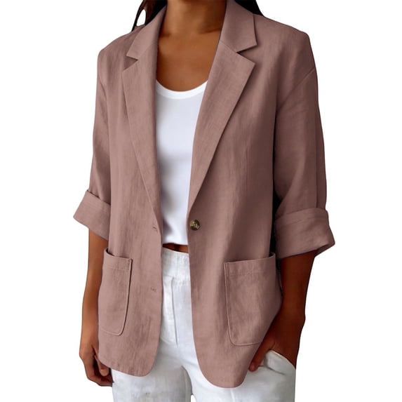 Visaly Womens Linen Blazer Jacket Lightweight Notched Lapel 3/4 Sleeve Suit Coat Business Casual Work Office Summer Breathable Dressy Casual Coat Relaxed Fit Suit Outfits with Pockets Rose Gold 4Xl