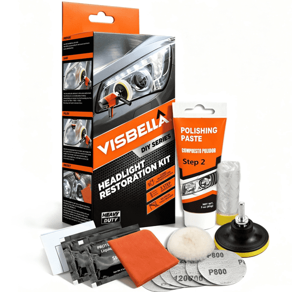 Visbella Headlight Restoration Kit – Drill-Assisted Polishing Pad Included, Ceramic Coat, UV Protect, Removes Yellow/Scratches, Cars/SUVs
