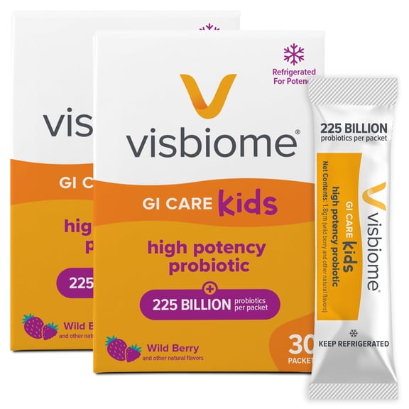 Visbiome GI Care Kids - High Potency Probiotic for IBS & UC Symptoms - Wild Berry Flavor, No Dyes- 225 Billion CFU Live Probiotics for Children, Cold Chain Shipping, 60 Packets