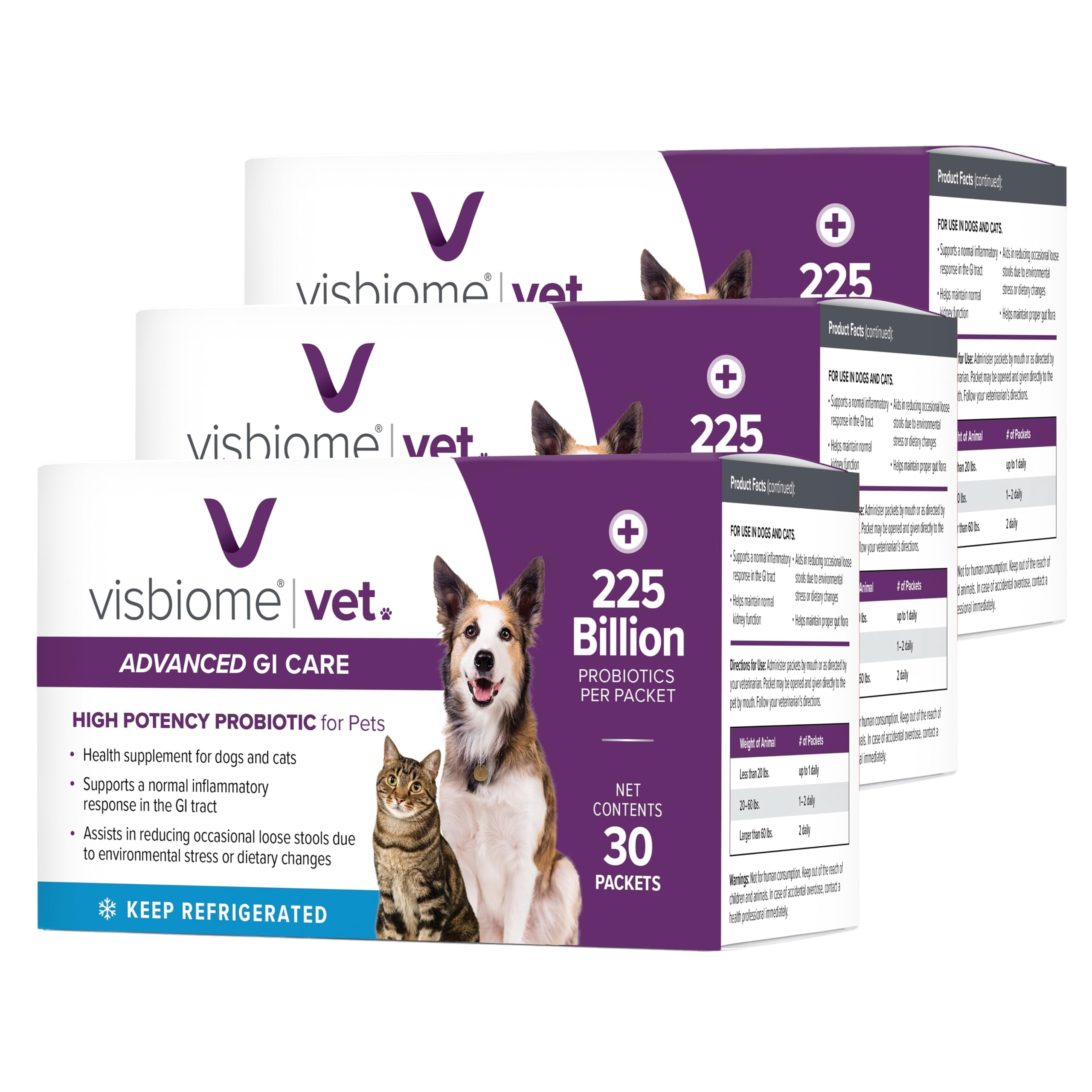 Visbiome® Vet Advanced GI Care High Potency Probiotic for Dogs & Cats – 225B CFU, 8-Strain Formula – Refrigerated, Veterinarian Recommended, Clean Label Certified – 90 Packets
