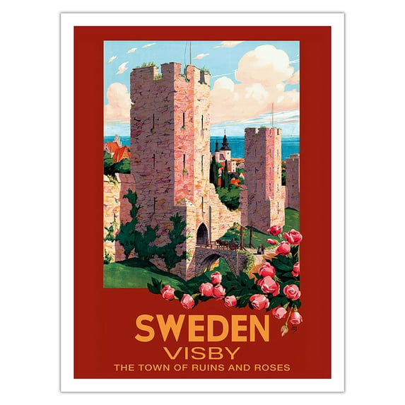 Visby Sweden - The Town of Ruins and Roses - City Wall - Vintage Travel Poster by Ivar Gull c.1937 - Fine Art Matte Paper Print (Unframed) 24x32in