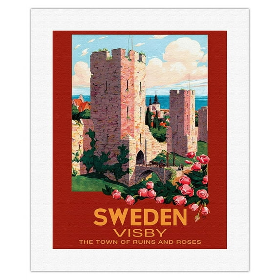 Visby Sweden - The Town of Ruins and Roses - City Wall - Vintage Travel Poster by Ivar Gull c.1937 - Fine Art Rolled Canvas Print 16in x 20in