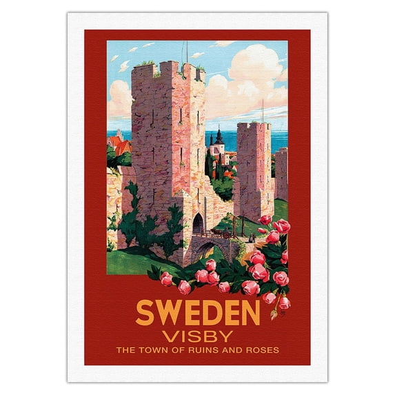 Visby Sweden - The Town of Ruins and Roses - City Wall - Vintage Travel Poster by Ivar Gull c.1937 - Fine Art Rolled Canvas Print 27in x 40in