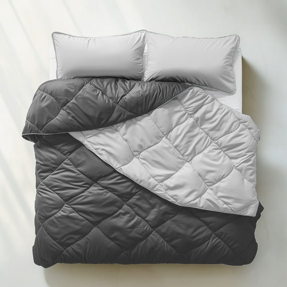 ViscoSoft All Seasons Down Alternative Comforter Queen/Short Queen Size - Breathable Premium Reversible Microfiber Light Gray/Dark Gray Duvet Cover Insert