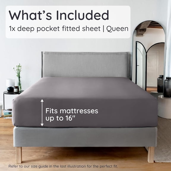 Viscose Derived from Bamboo Fitted Sheet Only, Soft Fitted Sheet Queen Size, Cooling Fitted Sheet with Straps, Deep Pocket Bottom Queen Fitted Sheet Only Fits Up to 16’’ (Dark Gray)
