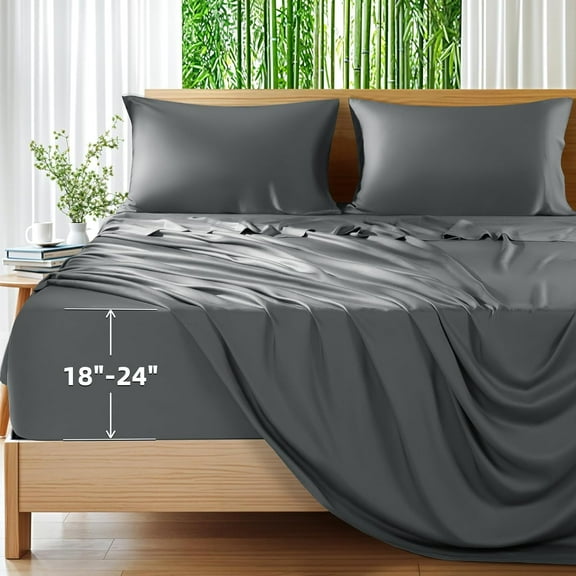 Viscose Derived from Bamboo_Sheets, Extra Deep Pocket Sheets Fits 18"-24" Thick Mattress, Cooling & Breathable Bed Sheets 4 count, Hotel Silky Bedding Set (,Dark Grey)