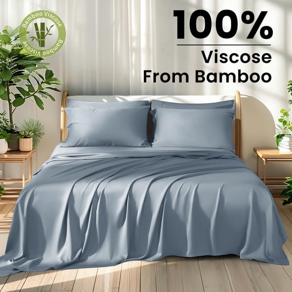Viscose Derived from Bamboo Sheets, Extra Deep Pocket Sheets Fits 18"-24" Thick Mattress, Cooling & Breathable Bed Sheets 4Pcs, Hotel Silky Bedding Set (King,French Blue)