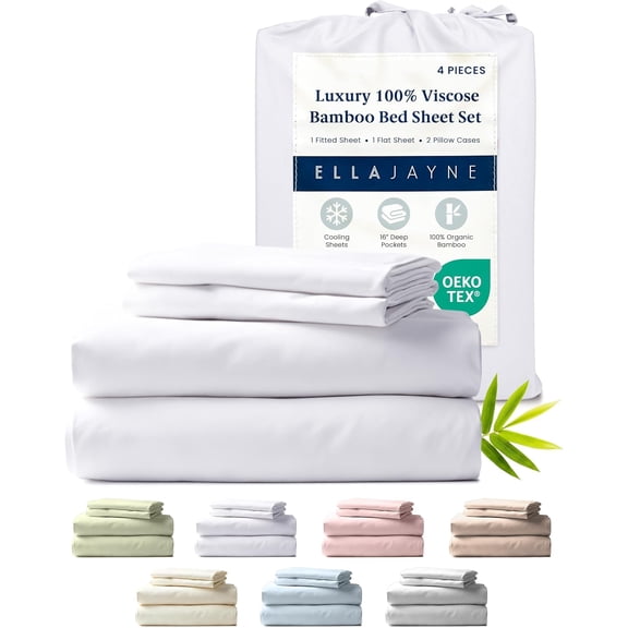 Viscose Derived from Bamboo Sheets Set (4 Pieces) Queen Size, Ultra Soft & Luxuriously Cooling, Eco-Friendly Queen Sheet Set Deep Pockets 16 Inch (White)