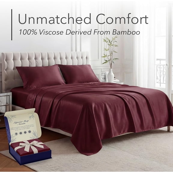 Viscose Derived from Bamboo Sheets Twin Size - Luxury 3 Pc Naturally Cooling Sheets, Ultra Soft Bed Set - Deep 17" Pockets, Double Stitching, Oeko Tex Standard (Burgundy)
