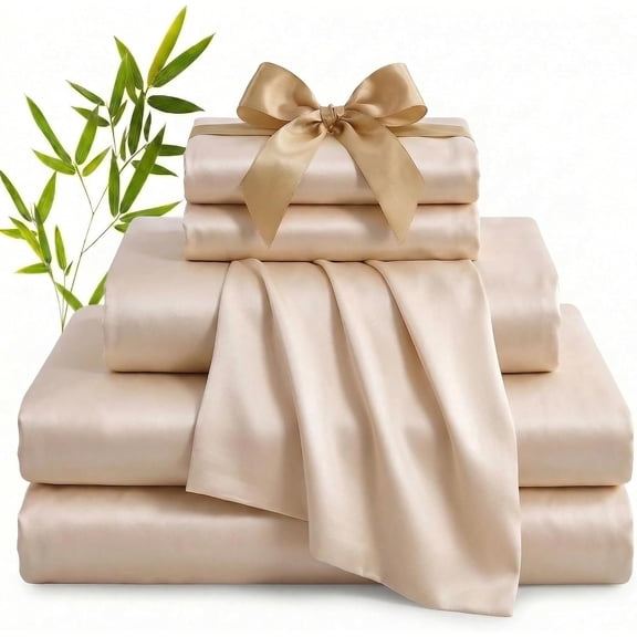 Viscose Derived from Sheets, 600 Thread Count Cooling Bed Sheet Set for Hot Sleepers, Silky Soft, Breathable, 16" Deep Pocket, 4 count, , Beige