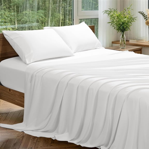 Viscose Derived from Sheets Size, Hotel Luxury Bed Sheets Set, Deep Pocket Up to 16 Inches, Ultra Soft Cooling Sheets 4 count (White)