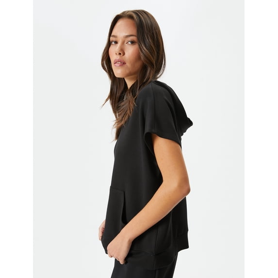 Viscose Kangaroo Pocket Detail Short Sleeve Hooded Sweathirt