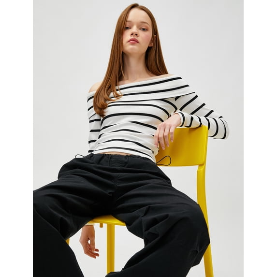Viscose Mix Long Sleeve Off Shoulder T-Shirt