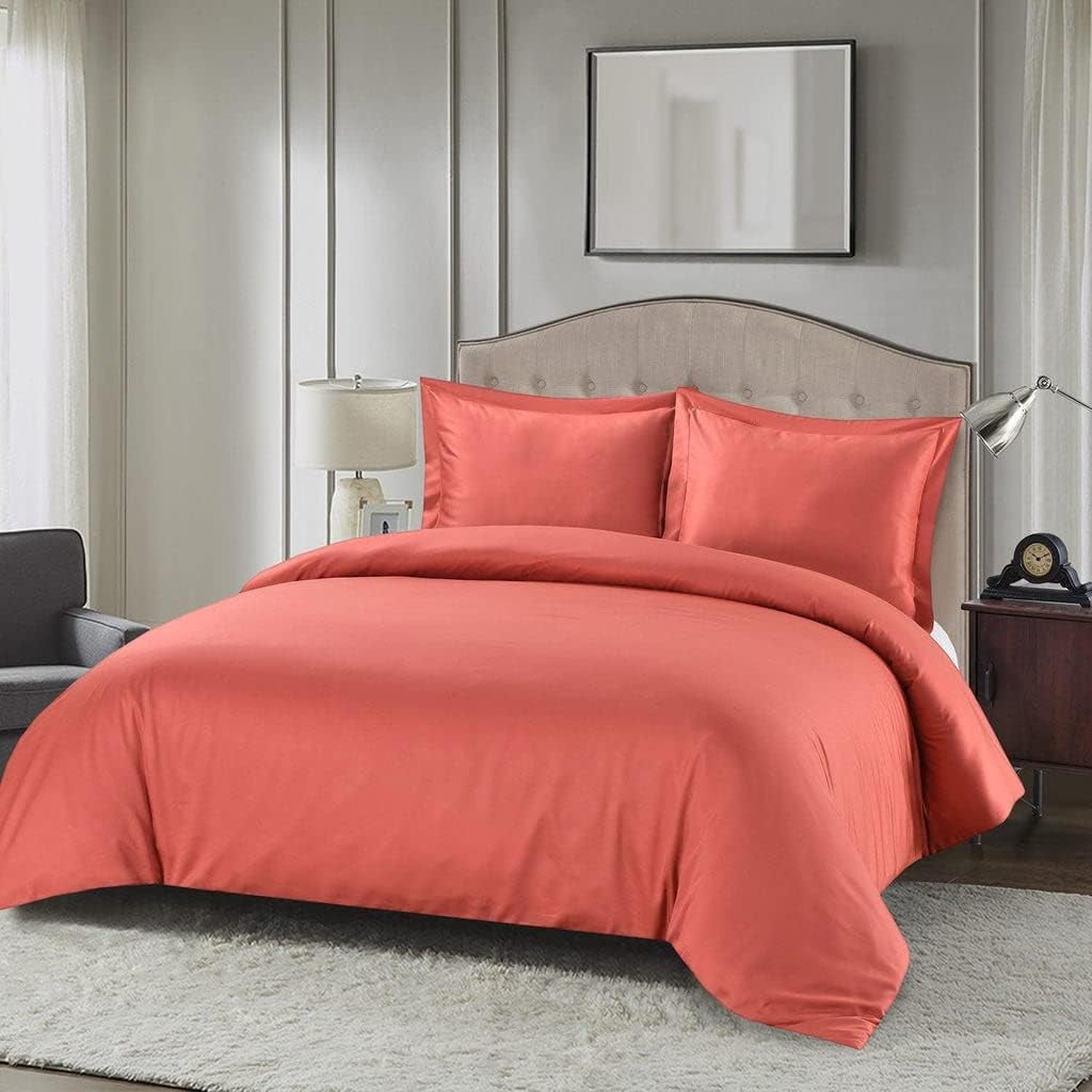 Viscose from Bamboo-Cotton Blend 3pc Duvet Cover Set (Full/Queen, Solid Coral) Soft and Breathable Comforter Cover with Shams