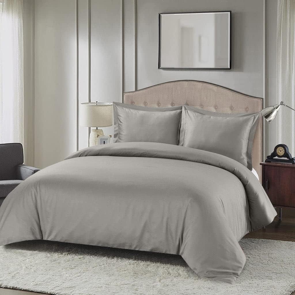 Viscose from Bamboo-Cotton Blend 3pc Duvet Cover Set (Oversized Full/Queen, Solid Grey) Soft and Breathable Comforter Cover with Shams
