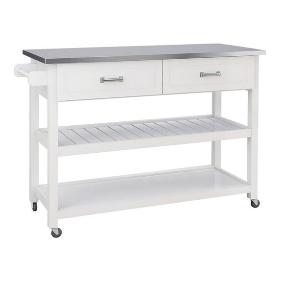 Visentor Kitchen Cart, Stainless Steel Top Breakfast Bar, Rolling Storage Kitchen Island Cart with 2 Drawer, 2 Shelves & Towel Rack, 47 Inch, White