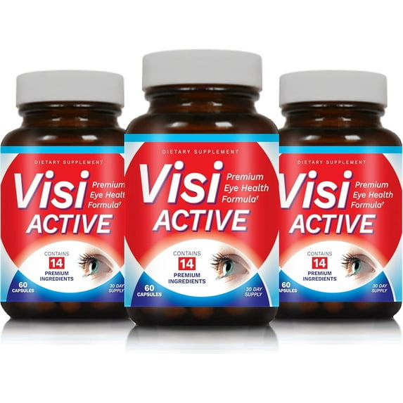 VisiActive Vision Support Supplement - Eye Health Formula with L-Tartrate, Resveratrol, Blueberry Extract, Vitamins A, C, D & 11 Ingredients for Vision Support - 60 Capsules/Bottle - 3 Pack