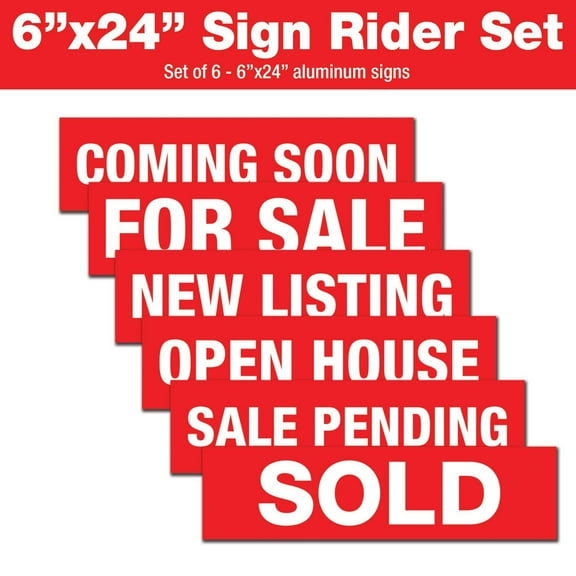 Visibility Signage Real Estate Sign Riders Set of 6 Aluminum Metal printed 6" x 24" Comimg Soon/For Sale/New Listing/Open House/Sale Pending/Sold