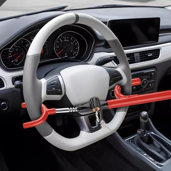 Steering Wheel Lock with 2 Keys - Adjustable Anti-Theft Device for Cars, SUVs, and Trucks, Red