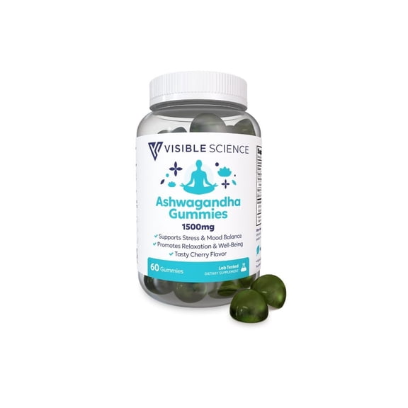 Visible Science Ashwagandha Gummies  1500mg, With Vitamin D & Zinc  Natural Cherry Flavor, 60 Gummies