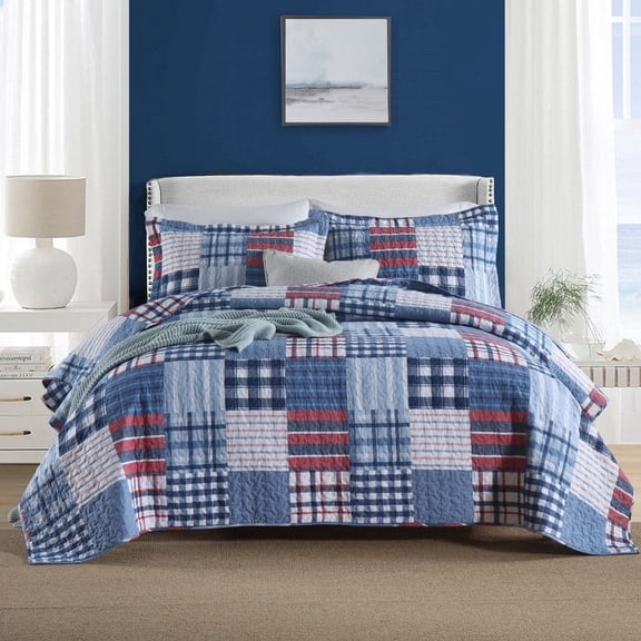 Visimisi Cotton Bedding Quilt Sets Reversible Real Patchwork Coverlet Sets All Season Blue Bedspread, Plaid Patchwork Pattern,Queen Size