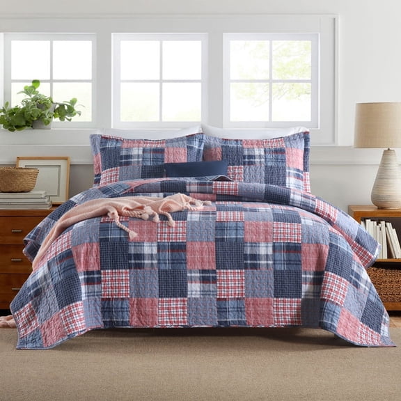 Visimisi Cotton Bedding Quilt Sets Reversible All Season Real Patchwork Coverlet Sets All Season Blue Bedspread, Houndstooth Plaid Pattern, King Size