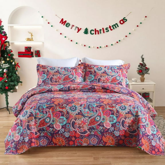 Visimisi 100%Cotton Christmas Bedspread Quilt Bedding Sets, 3 Pieces Reversible Coverlet Sets Comforters, Gorgeous Red Floral Paisley Bohemian Bedspread, King Size