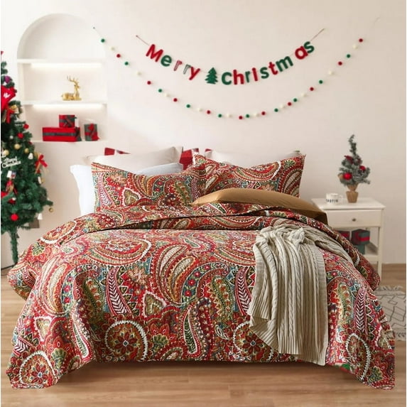 Visimisi 100%Cotton Christmas Bedspread Quilt Sets Reversible Bedding Coverlet Sets Comforter, Floral Paisley Bedspread (Red, King Size)