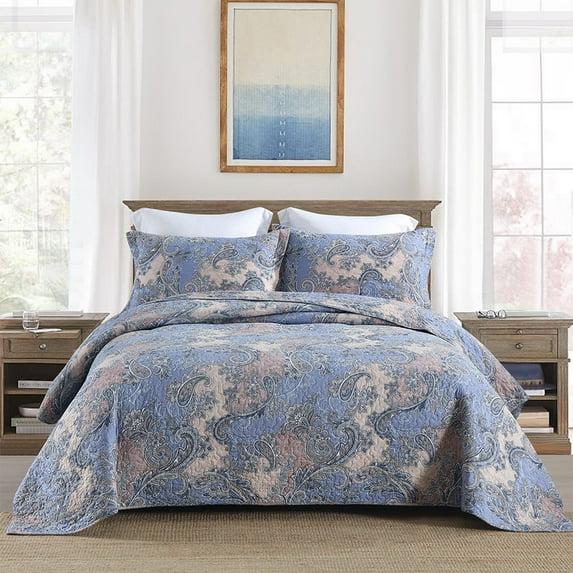 Visimisi 100%Cotton Reversible Patchwork Bedspread Quilt Set 3 Pieces Coverlet Set, Blue Rose Floral Bedspread, Queen Size