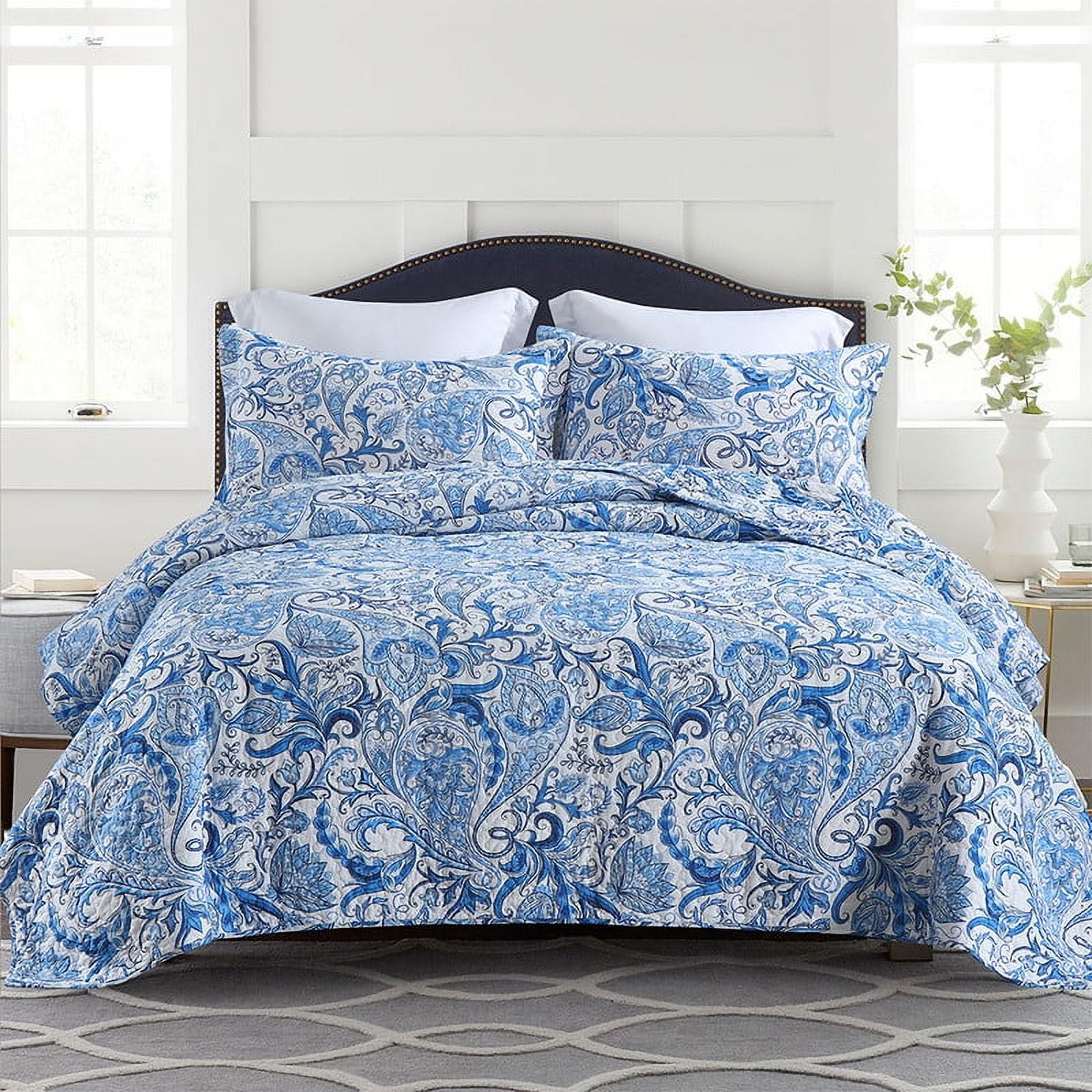 Visimisi Queen Size Quilt, 100% Cotton Blue Quilt Set Lightweight ...