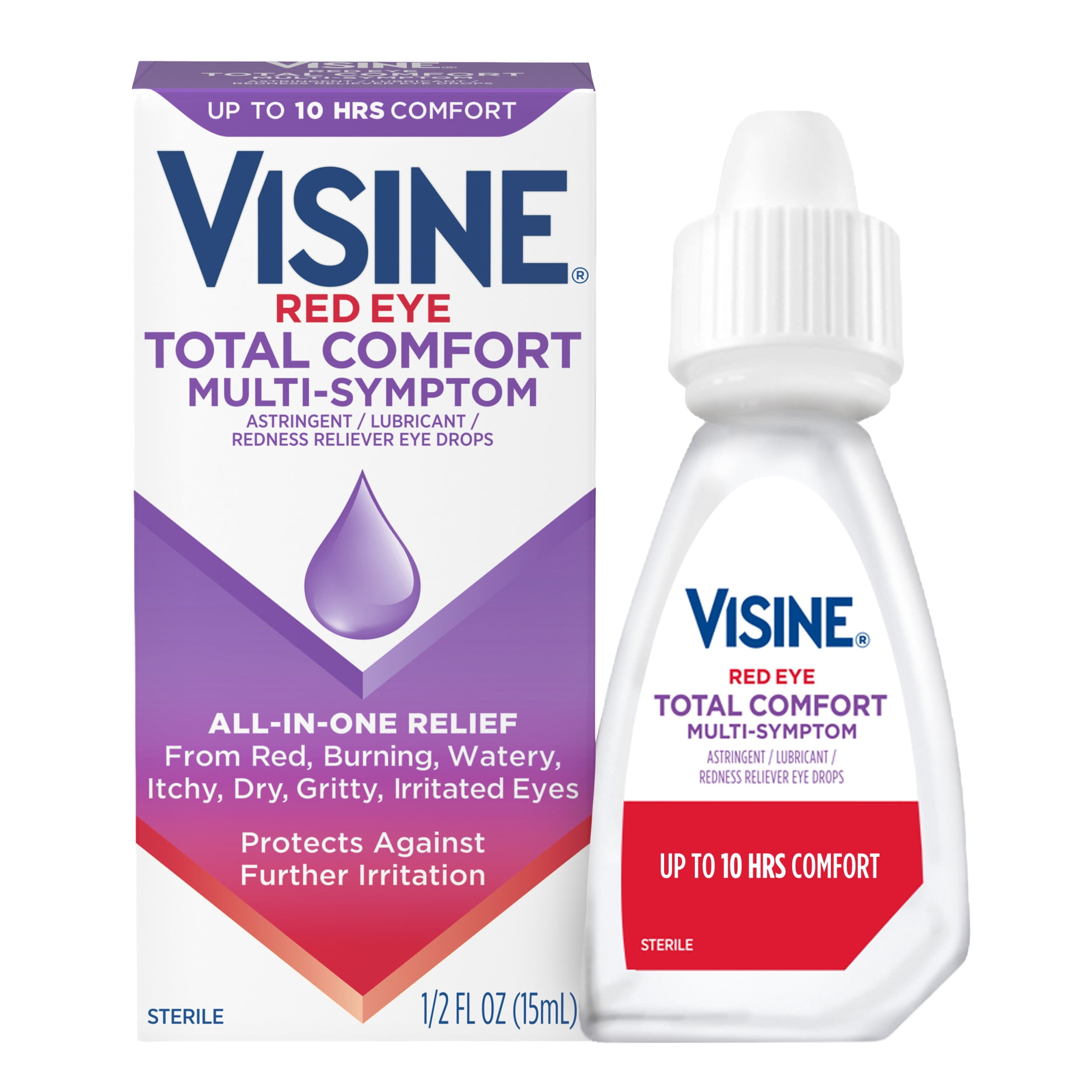 Visine Red Eye Total Comfort Multi-Symptom Drops, Astringent Lubricant Works Fast, 0.5 fl oz