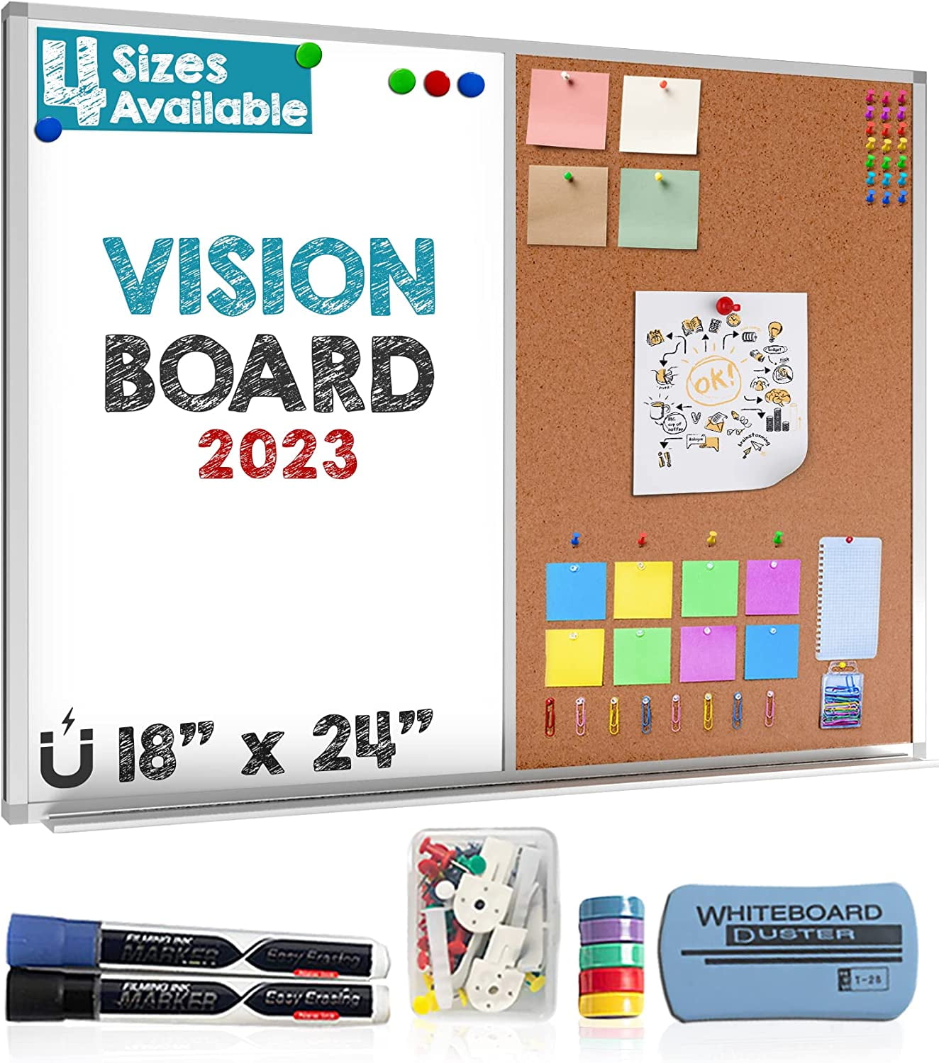 Vision Board 2023: Cork Board and Dry Erase Board Combo (18 x 24 ...