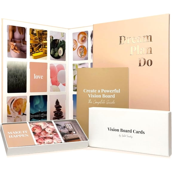 Vision Board Kit for Women - 168 Cards with Premium Pictures & Quotes, Foldable Board & Guide Book | Complete Manifestation Clip Art Craft Supplies for Adults | Original Dream Plan Do All-in-One Kit