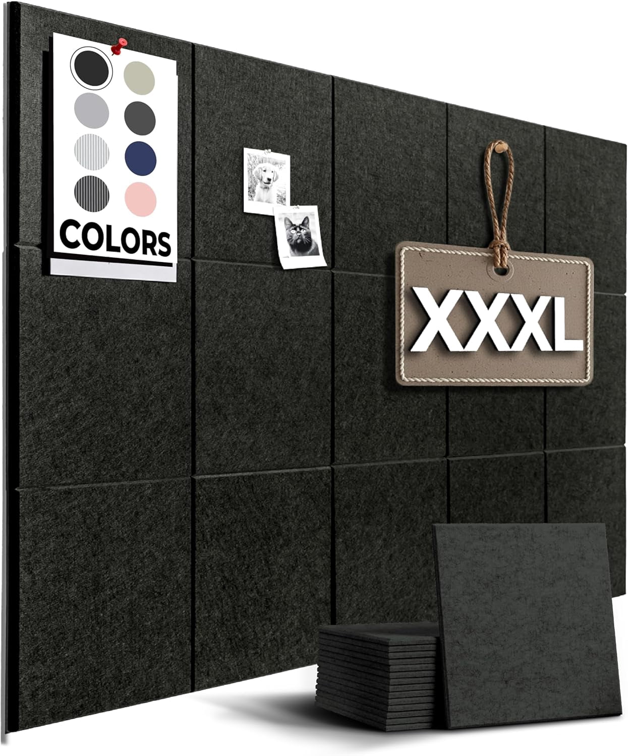 Vision Board - Large Cork for Walls 59" x 36", Black Bulletin | 15 Pack Felt Wall Tiles Boards Office Pin Tack