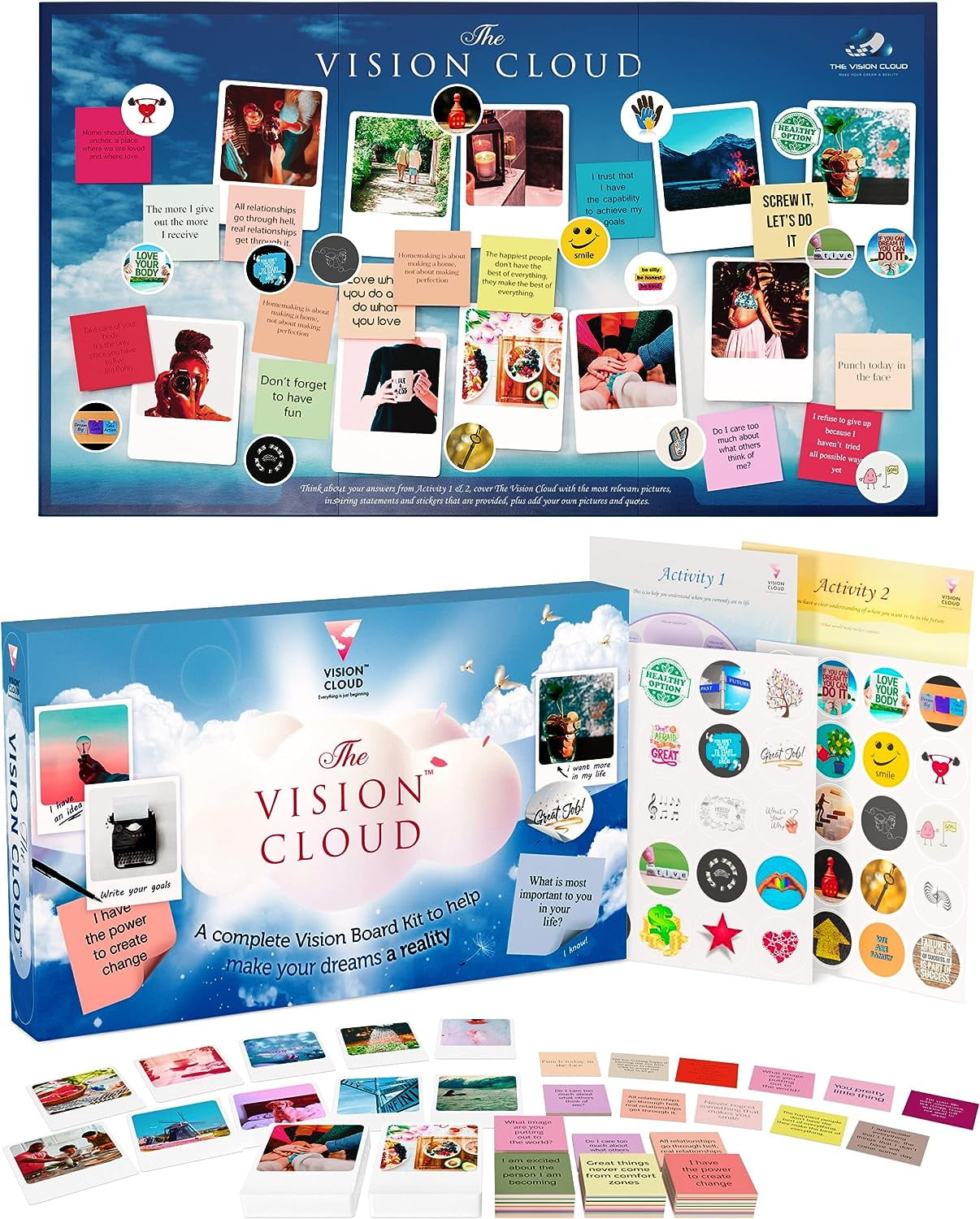 The Vision Cloud Vision Board Kit for Women Manifestation Supplies - 1 Dream Board - 100 Pictures - 60 Affirmation Cards - 40 Stickers - Mounting Putty - & Self-Adhesive Strips Adult Mood Board