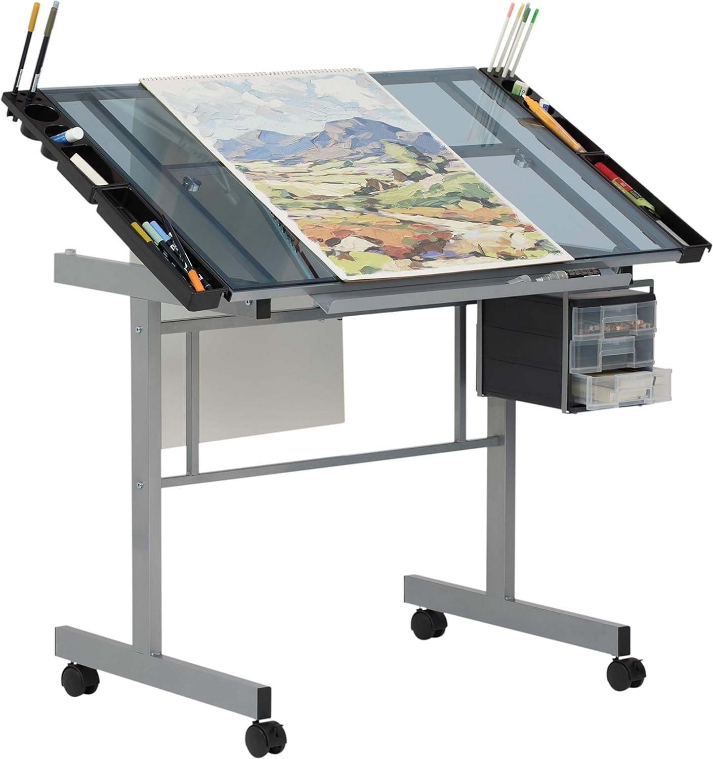 Silver-Blue Tempered Glass Craft & Drawing Desk with Adjustable Angle