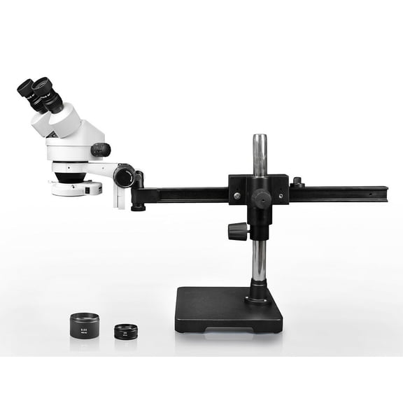 Vision Scientific Binocular Zoom Stereo Microscope, 10x WF Eyepiece, 0.7x4.5x Zoom, 3.5x90x Magnification, 0.5x & 2x Auxiliary Lens, Gliding Arm Boom Stand, 144-LED Ring Light with Intensity Control