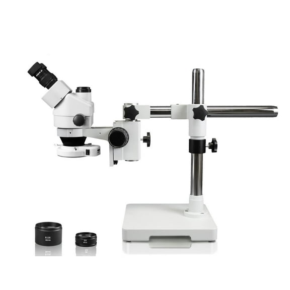 Vision Scientific Binocular Zoom Stereo Microscope, 10x WF Eyepiece, 0.7x4.5x Zoom, 3.5x90x Magnification, 0.5x & 2x Auxiliary Lens, Single Arm Boom Stand, 144-LED Ring Light with Intensity Control