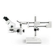 Vision Scientific Binocular Zoom Stereo Microscope, 10x Widefield Eyepiece, 0.7x 4.5x Zoom Range, 7x 45x Magnification Range, Double Arm Boom Stand, 144-LED Ring Light with Intensity Control